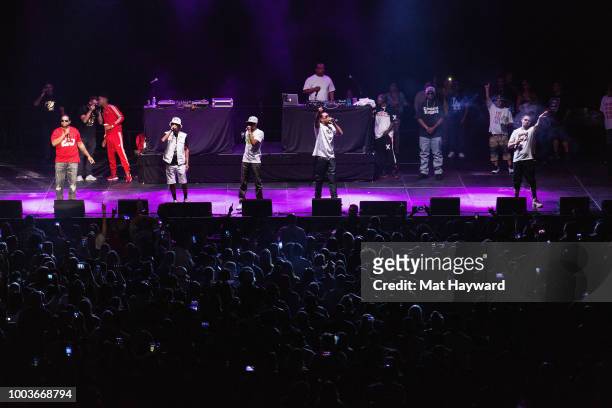 Bone Thugs N Harmony perform on stage during the All Star Throwback Jam hosted by HOT 103.7 at ShoWare Center on July 21, 2018 in Kent, Washington.