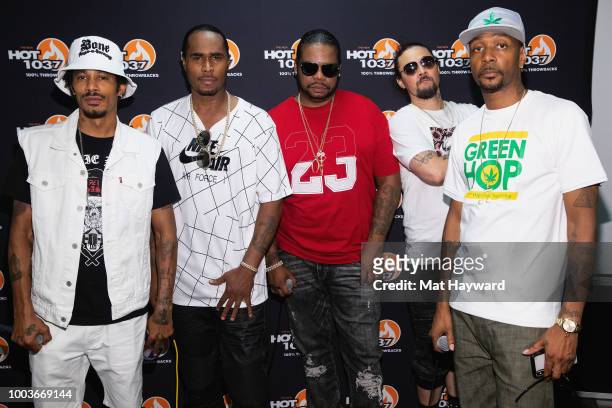 Bizzy Bone, Wish Bone, Layzie Bone, Krayzie Bone, and Flesh-n-Bone of Bone Thugs n Harmony pose for a photo back stage during the All Star Throwback...
