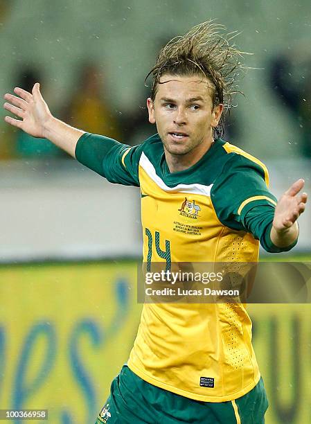 Brett Holman of Australia celebrates a goal during the 2010 FIFA World Cup Pre-Tournament match between the Australian Socceroos and the New Zealand...