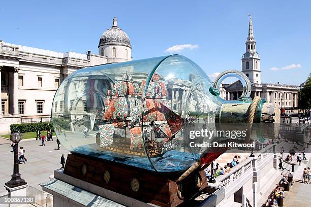 Sculpture by artist Yinka Shonibare, 'Nelson's Ship in a Bottle' is installed on the fourth plinth in Trafalgar Square on May 24, 2010 in London,...