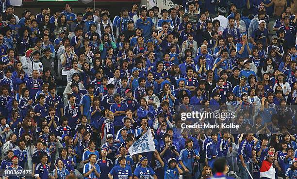 The Japanese crowd get behind their team during the international friendly match between Japan and South Korea at Saitama Stadium on May 24, 2010 in...
