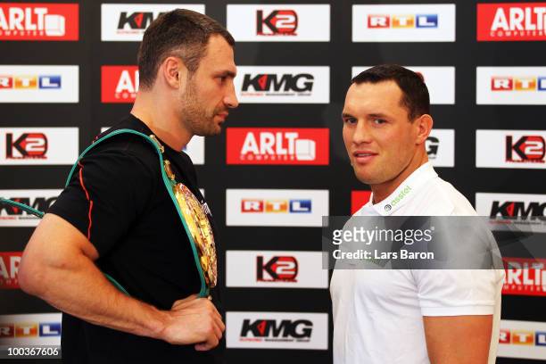 Vitali Klitschko of Ukraine and Albert Sosnowski of Poland pose during a press conference at Stadtgarten Steele on May 24, 2010 in Essen, Germany....