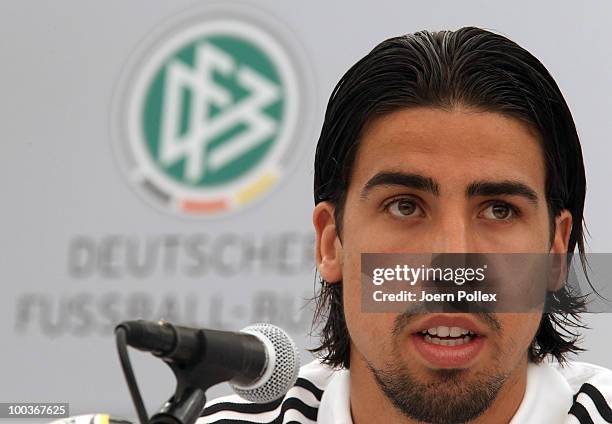 Sami Khedira of Germany speaks to the media during a press conference at Sportzone Rungg on May 24, 2010 in Appiano sulla Strada del Vino, Italy.