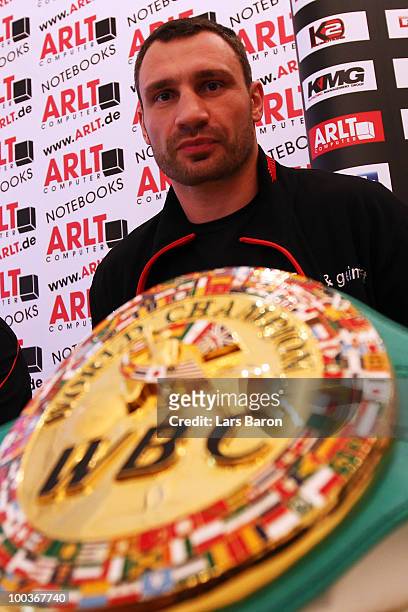 Vitali Klitschko of Ukraine looks on during a press conference at Stadtgarten Steele on May 24, 2010 in Essen, Germany. The WBC Heavyweight World...