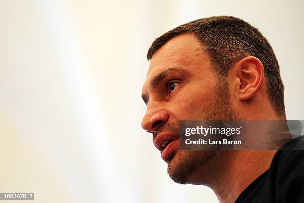 Vitali Klitschko of Ukraine looks on during a press conference at Stadtgarten Steele on May 24, 2010 in Essen, Germany. The WBC Heavyweight World...