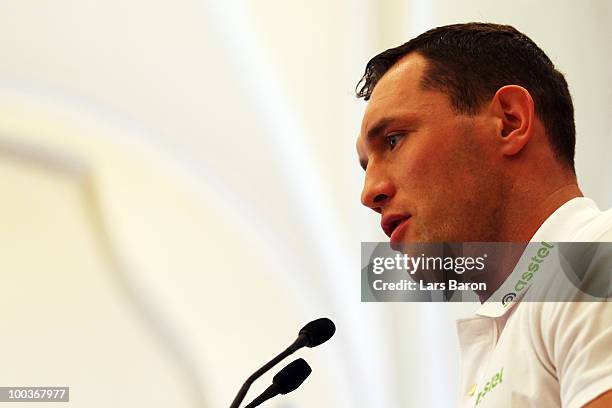 Albert Sosnowski of Poland speaks during a press conference at Stadtgarten Steele on May 24, 2010 in Essen, Germany. The WBC Heavyweight World...