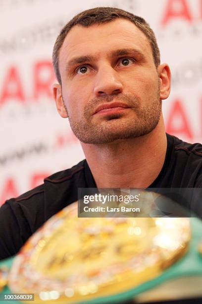 Vitali Klitschko of Ukraine looks on during a press conference at Stadtgarten Steele on May 24, 2010 in Essen, Germany. The WBC Heavyweight World...