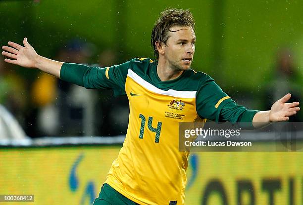 Brett Holman of Australia celebrates a goal during the 2010 FIFA World Cup Pre-Tournament match between the Australian Socceroos and the New Zealand...
