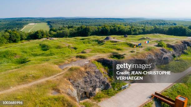 An aerial view shows the World War One war site of Fort de Douaumont in Douaumont, eastern France, on July 16, 2018. - Fort Douaumont was the largest...