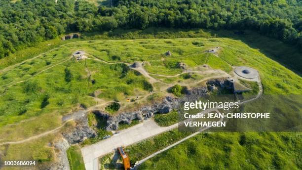 An aerial view shows the World War One war site of Fort de Douaumont in Douaumont, eastern France, on July 16, 2018. - Fort Douaumont was the largest...