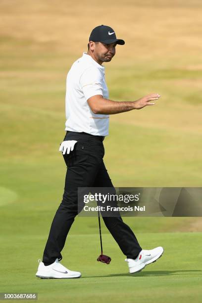 Jason Day of Australia acknowledges the crowd on the fifth green during the final round of the 147th Open Championship at Carnoustie Golf Club on...