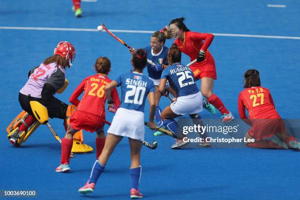 Valentina Braconi of Italy scores their first goal during the Pool A game between China and Italy of the FIH Womens Hockey World Cup at Lee Valley...