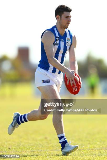 Tyrone Leonardis of North Melbourne kicks the ball during the round 16 VFL match between Frankston and North Melbourne at SkyBus Stadium on July 22,...