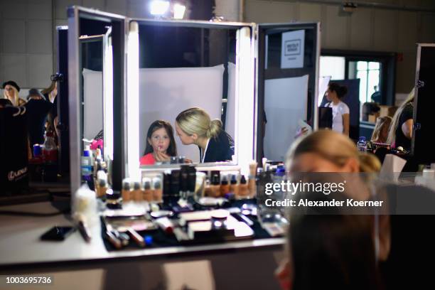 Child model is seen backstage ahead the Kids Fashion show during Platform Fashion July 2018 at Areal Boehler on July 22, 2018 in Duesseldorf, Germany.