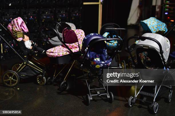 Strollers seen backstage ahead the Kids Fashion show during Platform Fashion July 2018 at Areal Boehler on July 22, 2018 in Duesseldorf, Germany.