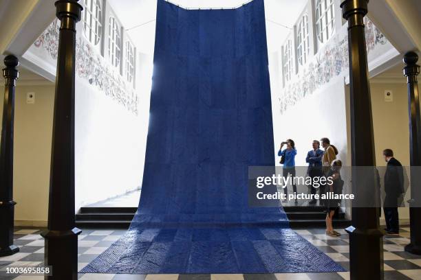 The work of art made out of polyethylene-canvas and cotton thread by the Mata Aho Collective hangs at the Hessian State Museum in Kassel, Germany, 09...