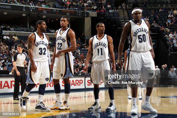 Mayo, Rudy Gay, Mike Conley and Zach Randolph of the Memphis Grizzlies stand on the court during the game against the Dallas Mavericks at the...