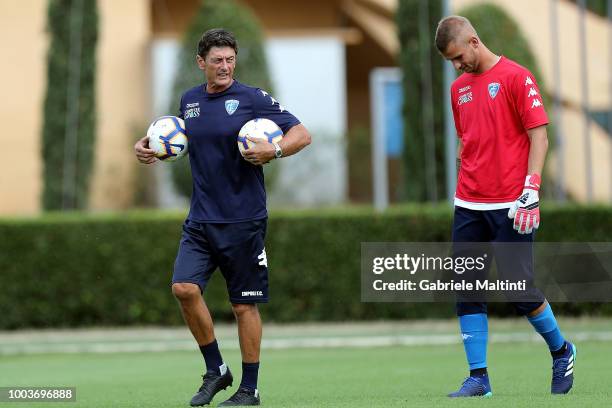 Mauro Marchisio goalkeeping coach Empoli FC and Ivan Provedel of Empoli FC during the Pre-Season Friendly match between Pro Vercelli and Empoli FC on...