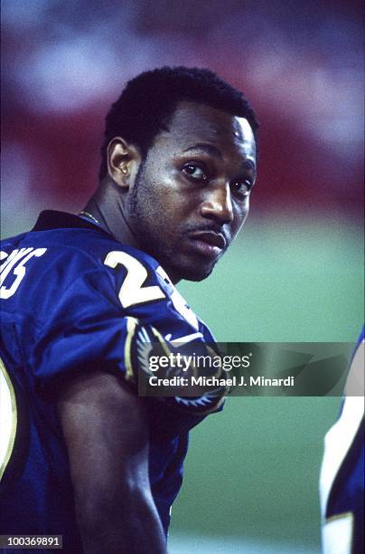 Corner Back Duane Starks of the Baltimore Ravens gets ready for a NFL game against the Washington Redskins at FedEx Field on July 28, 2000 in...