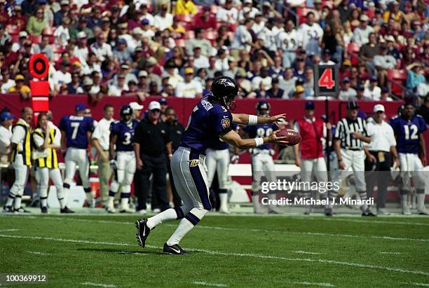 Kicker Kyle Richardson of the Baltimore Ravens punts during a NFL game against the Washington Redskins at FedExField on October 15, 2000 in Landover,...