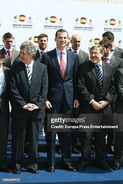 Angel Maria Villar, Prince Felipe of Spain and Jaime Lisvetzky attend the opening of the Spanish Football Federation Museum on May 24, 2010 in...