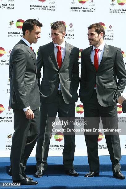 Alvaro Arbeloa, Fernando Torres and Iker Casillas attend the opening of the Spanish Football Federation Museum on May 24, 2010 in Madrid, Spain.