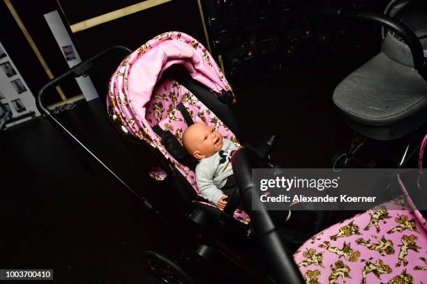 Strollers are on display backstage ahead the Kids Fashion show during Platform Fashion July 2018 at Areal Boehler on July 22, 2018 in Duesseldorf,...