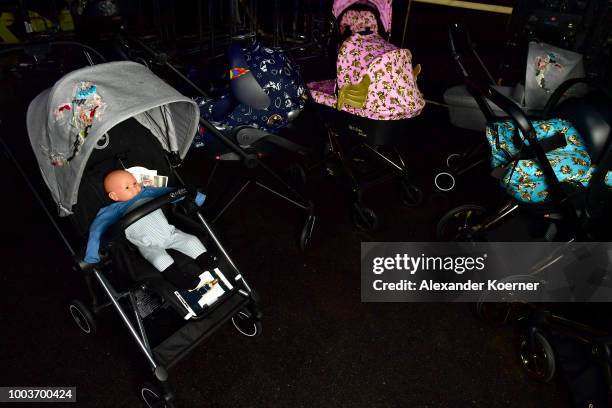 Strollers are on display backstage ahead the Kids Fashion show during Platform Fashion July 2018 at Areal Boehler on July 22, 2018 in Duesseldorf,...