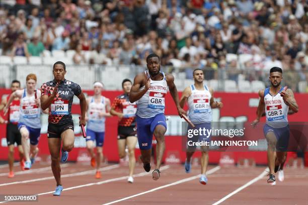 Britain's Nethaneel Mitchell-Blake wins the Men's 4x100m relay event during the IAAF Diamond League Anniversary Games athletics meeting at the London...