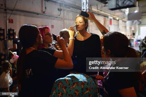 Model is seen backstage ahead the Kids Fashion show during Platform Fashion July 2018 at Areal Boehler on July 22, 2018 in Duesseldorf, Germany.