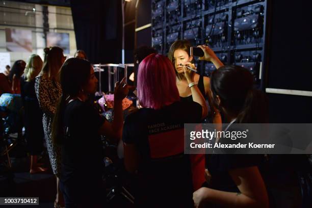 Model is seen backstage ahead the Kids Fashion show during Platform Fashion July 2018 at Areal Boehler on July 22, 2018 in Duesseldorf, Germany.