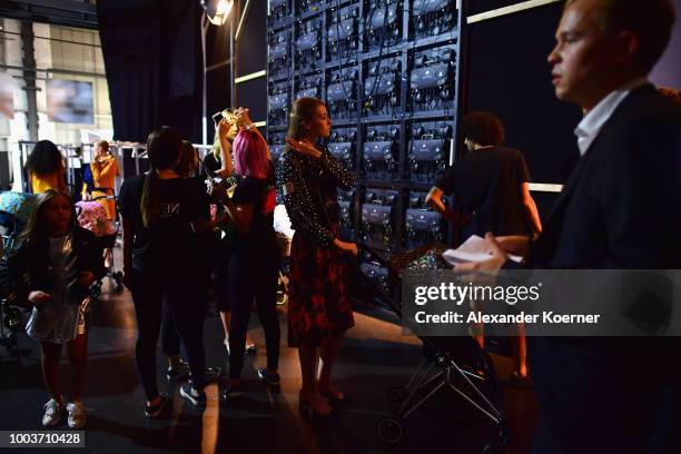 Model is seen backstage ahead the Kids Fashion show during Platform Fashion July 2018 at Areal Boehler on July 22, 2018 in Duesseldorf, Germany.