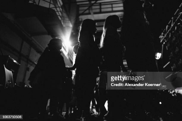 Models are seen backstage ahead the Kids Fashion show during Platform Fashion July 2018 at Areal Boehler on July 22, 2018 in Duesseldorf, Germany.