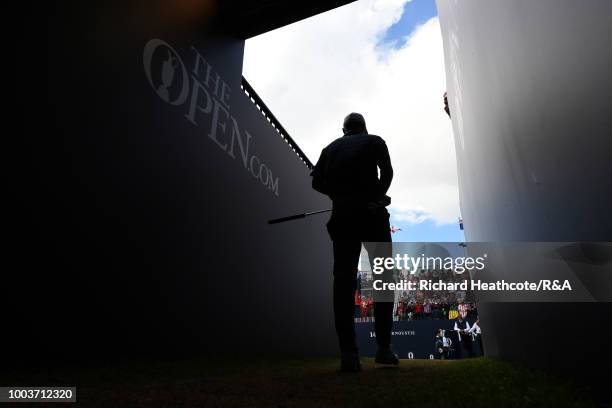 Jordan Spieth of the United States walks through the grandstand tunnel onto the 1st hole tee during the final round of the Open Championship at...