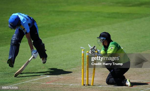 Rachel Priest of Western Storm attempts to run out Alice Davidson-Richards of Yorkshire Diamonds during the Kia Super League match between Western...