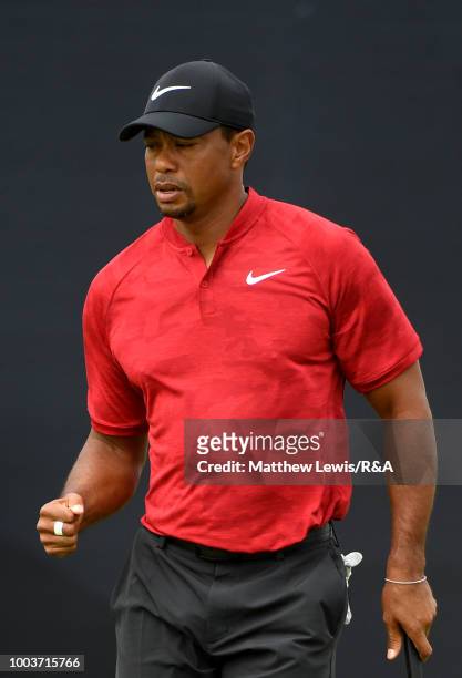 Tiger Woods of the United States reacts after a birdie on 4th hole green during the final round of the Open Championship at Carnoustie Golf Club on...