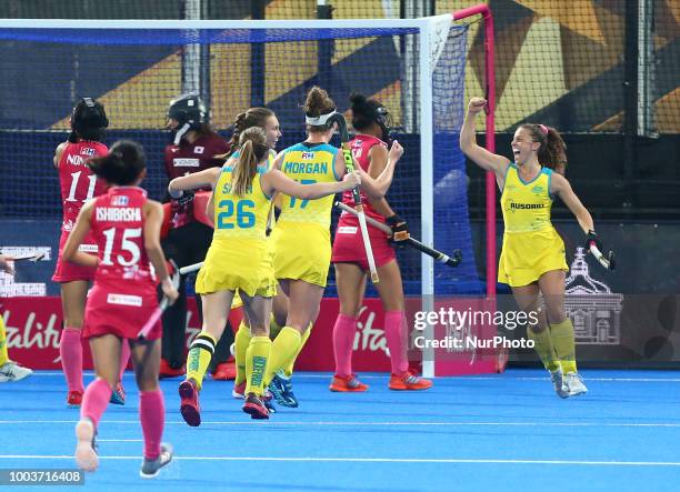 Ambrosia of Australia celebrates her goal during Vitality Hockey Women's World Cup 2018 match Group D between Australia and Japan at Lee Valley...