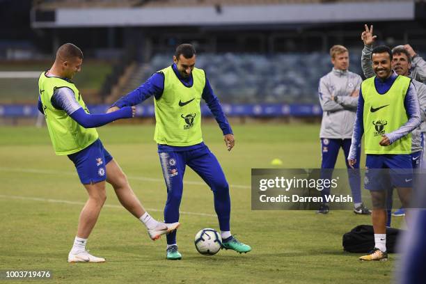 Ross Barkley and Davide Zappacosta of Chelsea during a training session at the WACA on July 22, 2018 in Perth, Australia.