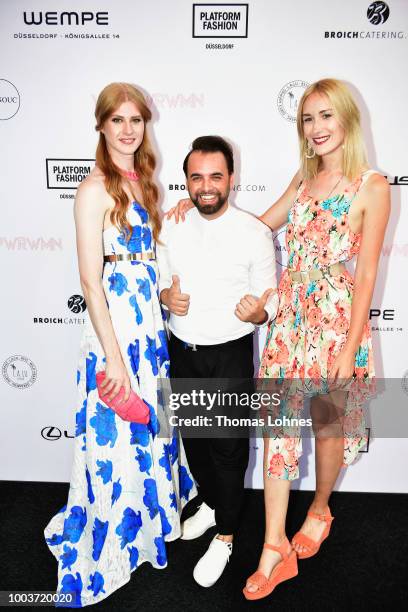 Veit Alex, Almir Bajrami and Nina Bauer attend the WMN PWR WMN show during Platform Fashion July 2018 at Areal Boehler on July 22, 2018 in...