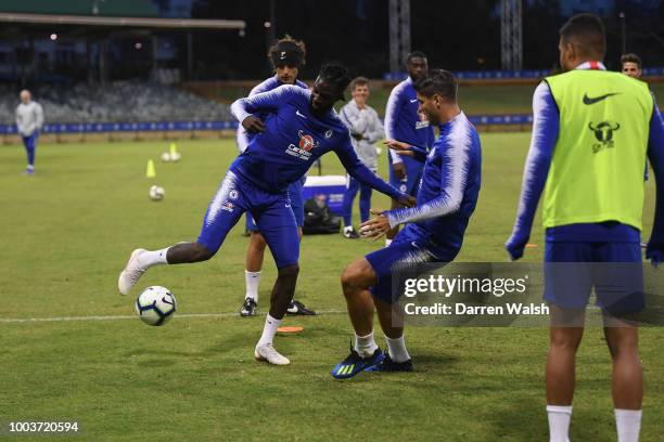 Tiemoue Bakayoko and Alvaro Morata of Chelsea during a training session at the WACA on July 22, 2018 in Perth, Australia.