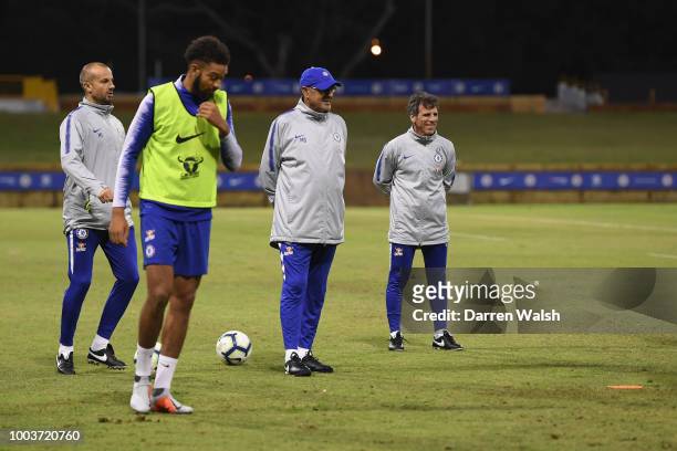 Maurizio Sarri and Gianfranco Zola of Chelsea during a training session at the WACA on July 22, 2018 in Perth, Australia.