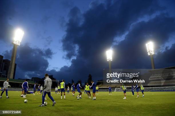 Chelsea players train under the floodlights during a training session at the WACA on July 22, 2018 in Perth, Australia.