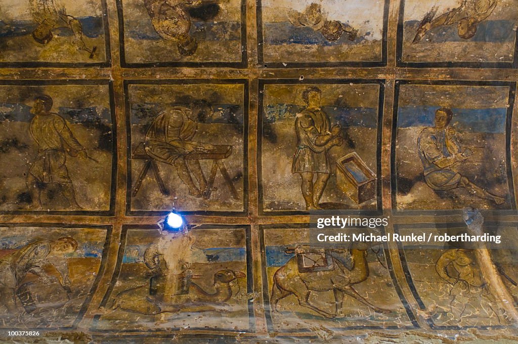 Old frescoes in the Quseir Amra castle, UNESCO World Heritage Site, Jordan, Middle East