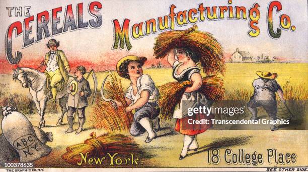 Illustrated trade card for 'The Cereals Manufacturing Co.' shows harvesting activity in a grain field, late nineteenth century.