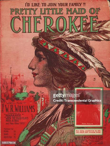 The cover of the sheet music for 'Pretty Little Maid of Cherokee' by W.R. Williams features a profile illustration of the song's titular character,...