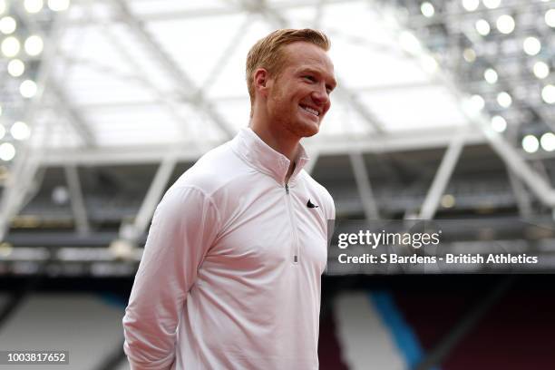 Greg Rutherford of Great Britain poses following the Men's Long Jump during Day Two of the Muller Anniversary Games at London Stadium on July 22,...
