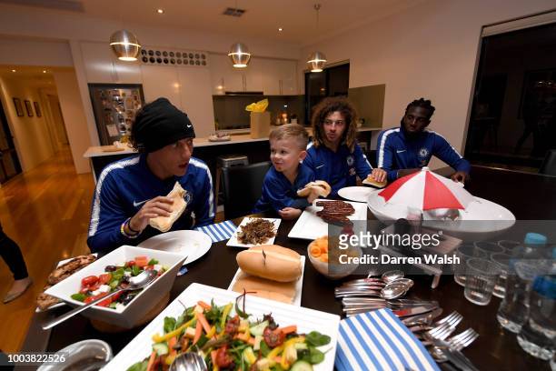 Chelsea's David Luiz, Tiemoue Bakayoko and Ethan Ampadu surprise young Chelsea fan Hudson McCarthy with a visit to his Perth home after receiving a...