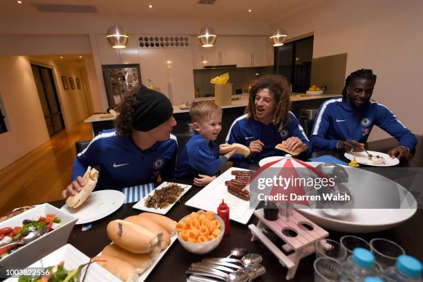 Chelsea's David Luiz, Tiemoue Bakayoko and Ethan Ampadu surprise young Chelsea fan Hudson McCarthy with a visit to his Perth home after receiving a...