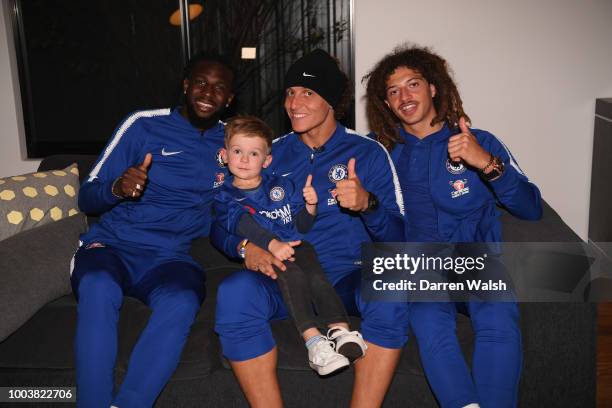 Chelsea's David Luiz, Tiemoue Bakayoko and Ethan Ampadu surprise young Chelsea fan Hudson McCarthy with a visit to his Perth home after receiving a...