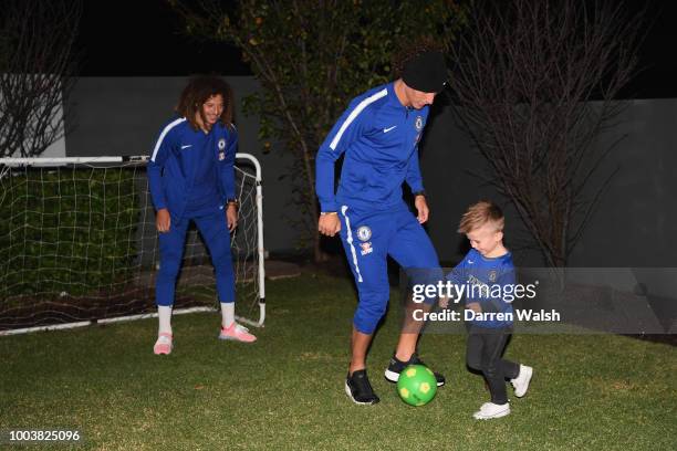 Chelsea's David Luiz, Tiemoue Bakayoko and Ethan Ampadu play football after surprising young Chelsea fan Hudson McCarthy with a visit to his Perth...